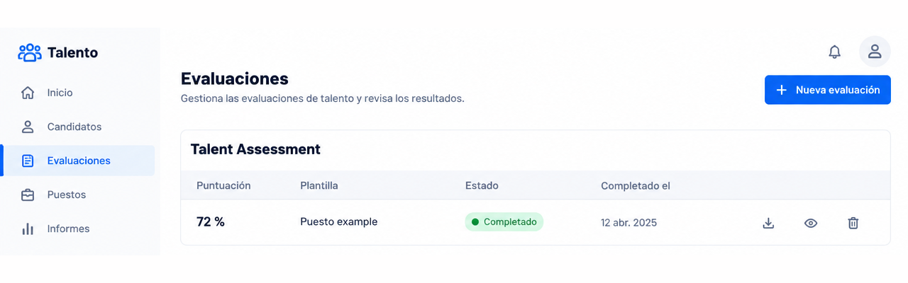 Ficha del candidato en Viterbit, pestaña Preguntas, bloque Talent Assessment con una evaluación pendiente y otra completada