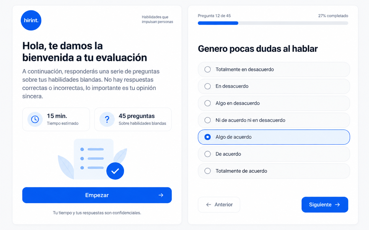 Pantalla de bienvenida y pregunta de ejemplo de la evaluación de Hirint